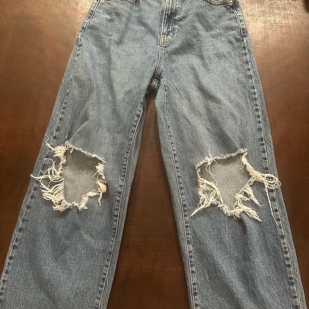 Distressed Dark Blue Jeans(look lighter in the picture)